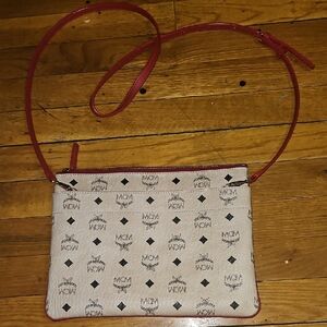 MCM Beige Logo Crossbody with Red Trim